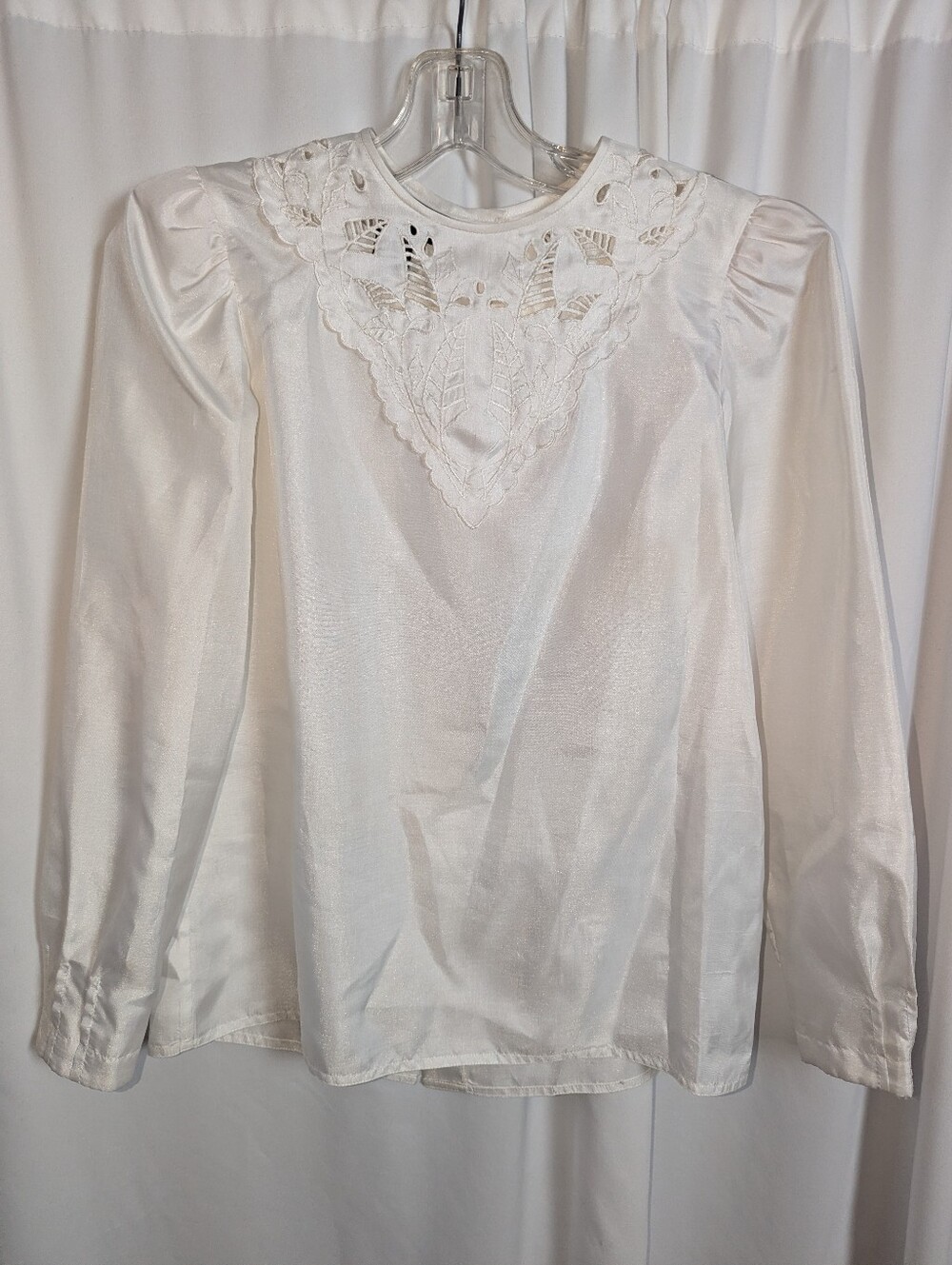 Vintage Nilani White Satin Blouse | Embroidered Lace Yoke Puff Sleeve Cottagecor